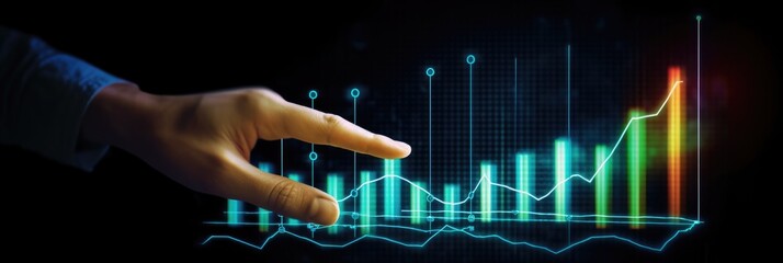 Hand pointing at futuristic financial graph, data visualization, business analysis, stock market trends, financial growth concept