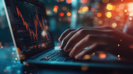 a businessmana??s hands working on a laptop, with a glowing forex trading interface in the background, representing market analysis and economic forecasting