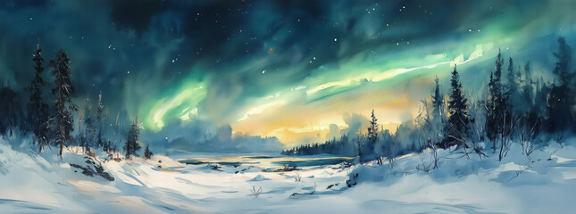Watercolor Painting of Green Northern Lights Over Snowy Winter Landscape