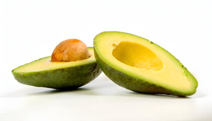 Close-up of two avocado halves, showcasing the vibrant green flesh and contrasting brown seed. Ideal for concepts of healthy eating, vegetarian diets, or natural ingredients in cooking.