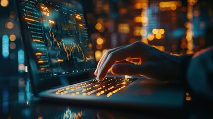 a businessmana??s hands working on a laptop, with a glowing forex trading interface in the background, representing market analysis and economic forecasting