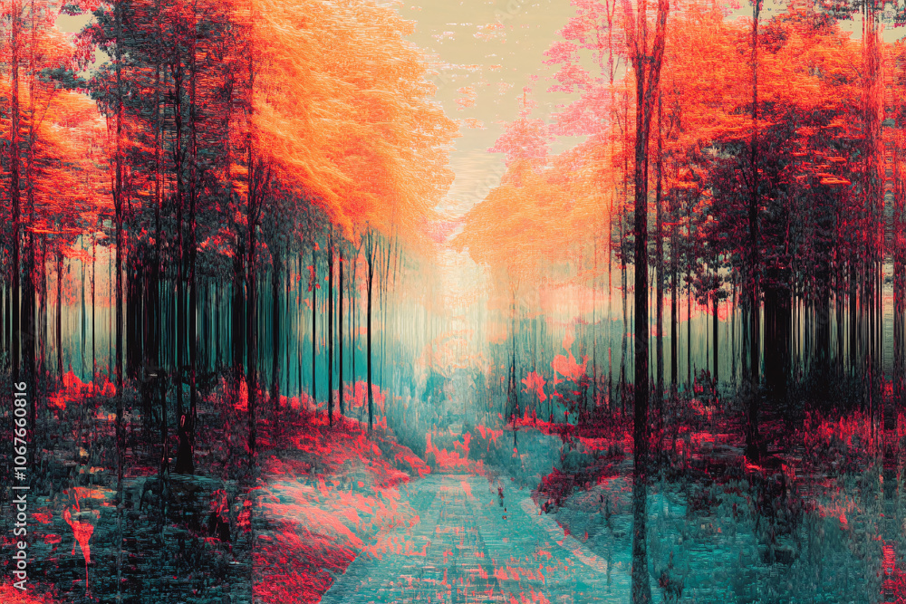 Poster surreal forest scene with red and teal hues creating a dreamy mystical atmosphere filled with fog an