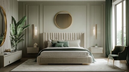 Luxurious bedroom with a plush bed, green accents, and elegant gold detailing.