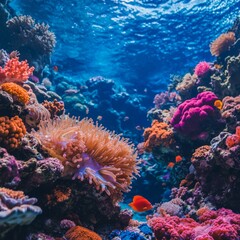 Naklejka premium Vibrant underwater scene showcasing colorful coral reefs and marine life.