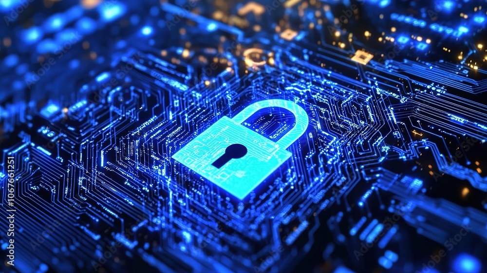 Poster a glowing blue padlock icon over a digital circuit board background, representing cybersecurity and 
