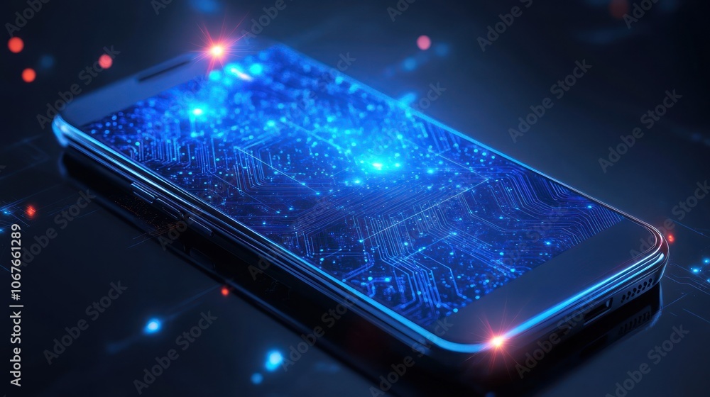 Poster a smartphone with a glowing blue circuit board pattern on the screen, illustrating the intricate tec