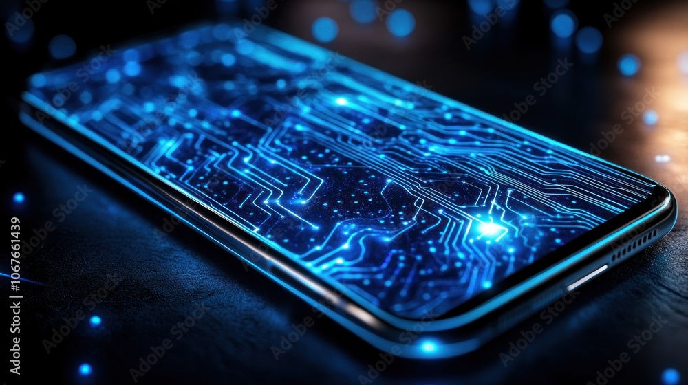 Poster a close-up of a smartphone with a glowing circuit board pattern on the screen.