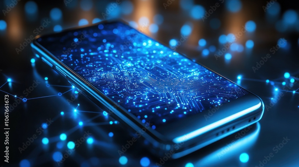 Poster a smartphone with a glowing blue circuit board pattern on the screen.
