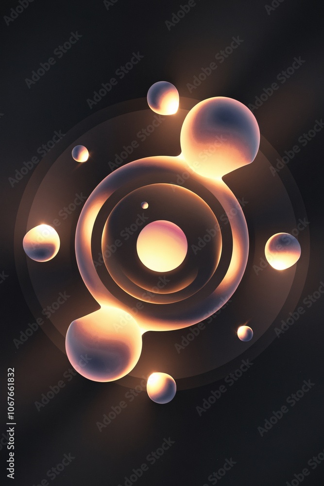 Poster cosmic orbit: abstract spheres glow with warm light, orbiting a central core in a mesmerizing, futur