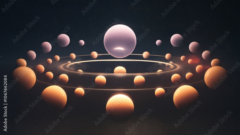 Poster cosmic ballet: glowing orbs dance in a mesmerizing orbital pattern, creating a visually stunning abs