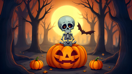 Skeleton Sitting on Jack-o-lantern with Spooky Trees