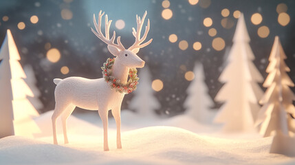 Obraz premium A white reindeer stands in a snowy landscape with blurry trees and sparkling lights