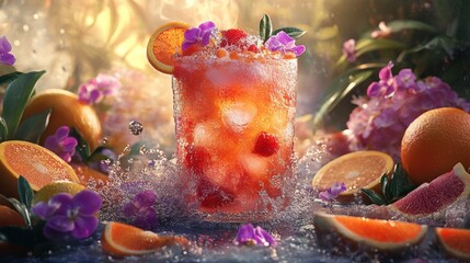 Fototapeta premium A refreshing summer drink with ice, orange slices, and purple flowers in a glass, surrounded by oranges and water splashes.