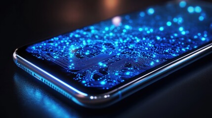 A close-up view of a smartphone with blue digital data and code flowing across the screen.