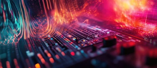 Abstract digital audio mixing board with red and blue lights.