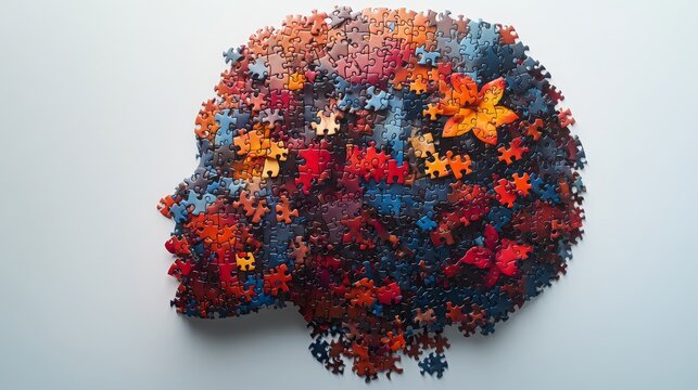 Brain silhouette made of colorful jigsaw puzzle pieces showcasing creativity and cognition