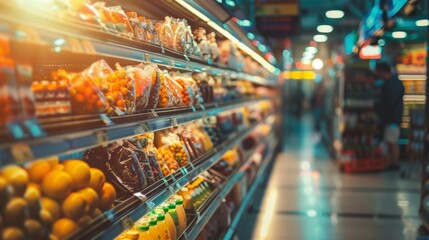 Supermarket Aisle with Fresh Produce and Ambient Lighting