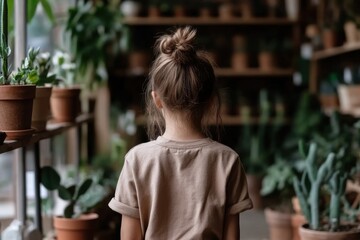 Girl Evaluating Young Ornamental Plants in Aesthetic Flower Shop Setting - Horticulture and Floral Industry