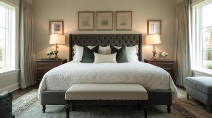 Luxurious Bedroom Interior with Upholstered Bed, Ottoman, and Area Rug