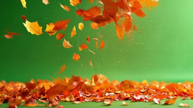 Multitude of orange leaves falling and swirling on a vibrant green screen, perfect for compositing and visual effects. This footage evokes the beauty and change of the autumn season