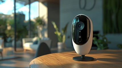 A modern security camera sits on a wooden table, set against a bright, stylish interior with plants and natural light, emphasizing sleek design and functionality.