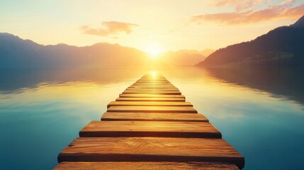 Fototapeta premium Serene Sunrise Over Calm Lake and Wooden Pier