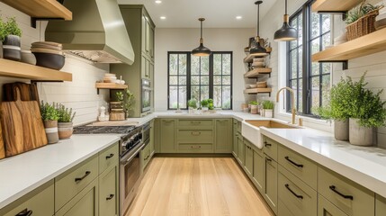 Fototapeta premium Modern Green Kitchen with Farmhouse Sink and White Countertops