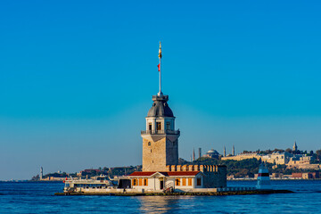 Maiden's Tower with beautiful sunrise sky in Istanbul, Turkey. (Turkish Name: Kiz Kulesi). Colorful sunrise sky in Istanbul.