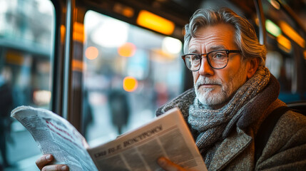 Man Reading Newspaper on Bus