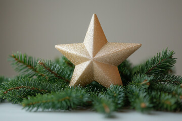 Christmas star atop a small evergreen plant on a white background.