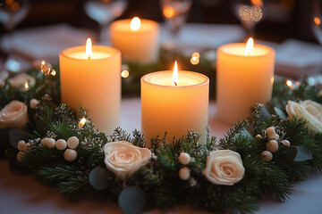 Miniature wreaths as table decor around festive candles.
