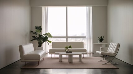 Modern Minimalist Living Room:  A serene and stylish living space bathed in natural light, featuring a neutral color palette, contemporary furniture, and lush greenery.