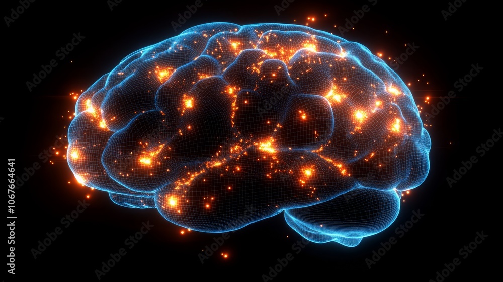 Poster exploring the human brain silhouette with a glowing mesh of neural connections and activity
