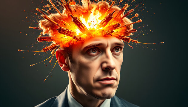 Businessman with an exploding head isolated with white highlights, png