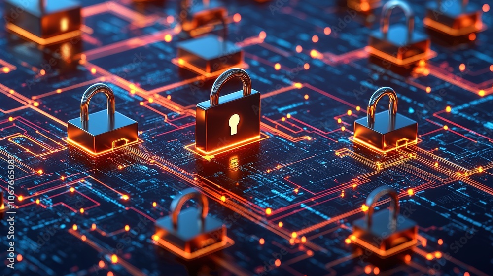 Poster a digital network featuring glowing locks symbolizing cybersecurity and data protection.