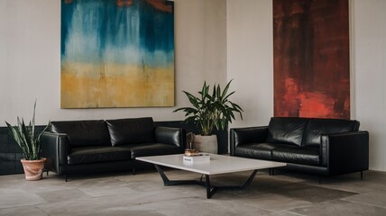 Modern Minimalist Living Room Interior: Sleek black leather sofas and a stylish coffee table create a minimalist and sophisticated ambiance, complemented by vibrant abstract art and lush greenery.