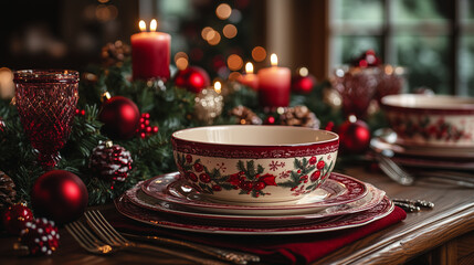 Fototapeta premium Christmas table with holiday-themed dishes and candles.
