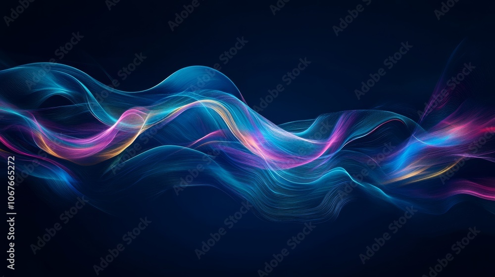 Poster this abstract image showcases fluid, colorful waves gliding smoothly against a deep dark background,
