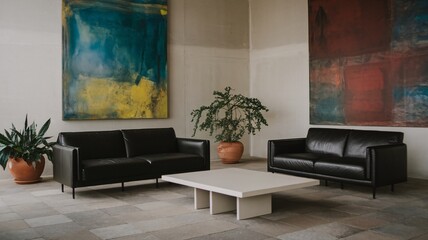 Modern Minimalist Lounge: Two sleek black leather sofas flank a minimalist coffee table in a spacious, art-filled room. The sophisticated design creates a calming and inviting atmosphere. 