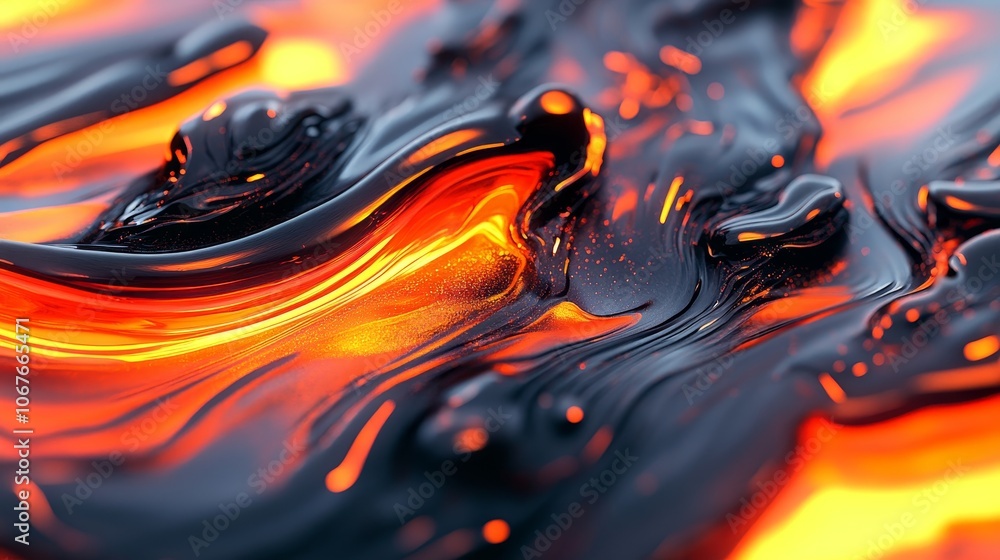 Poster this image depicts a mesmerizing flow of molten lava, swirling with vivid orange and black streaks, 