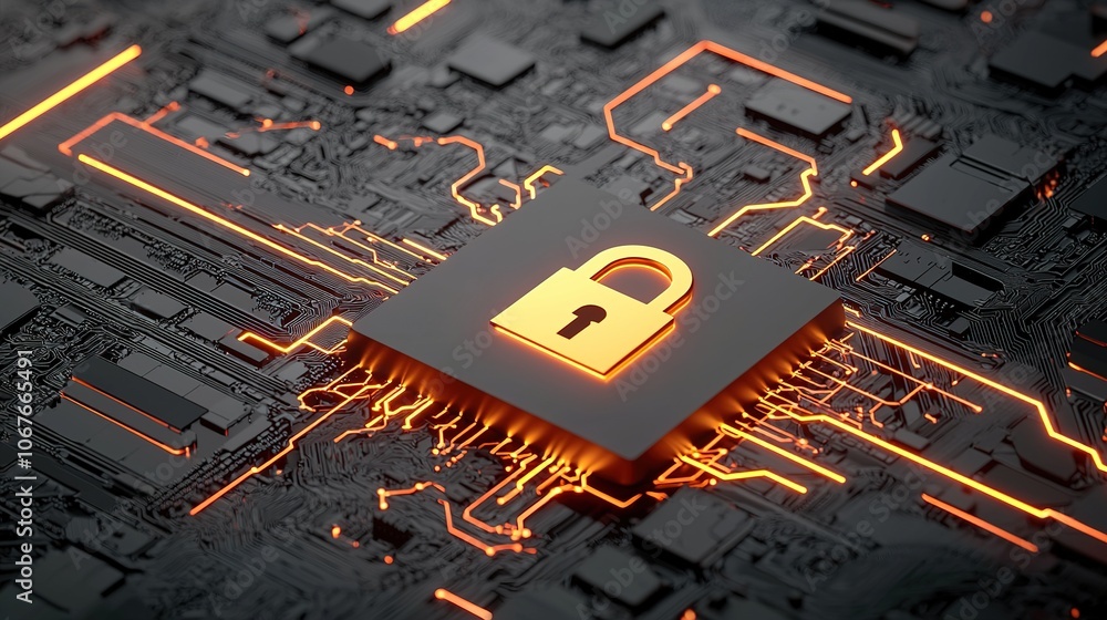 Poster a digital circuit featuring a glowing lock symbol, symbolizing cybersecurity and data protection in 
