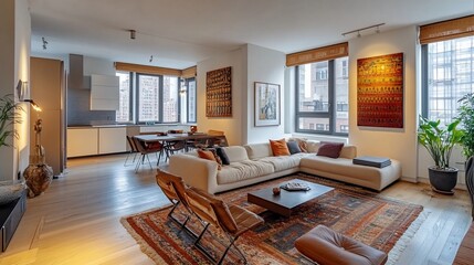 Modern living room with large windows, beige sectional sofa, and wooden coffee table, featuring a rug and artwork on the walls.