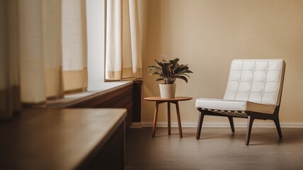 Fototapeta premium A Moment of Tranquility: A white armchair sits beside a window, bathed in soft natural light, creating a serene and inviting atmosphere.