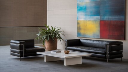 Modern Office Lounge: Sophisticated interior design featuring a sleek black leather sofa and armchairs, complemented by a contemporary abstract painting and a calming potted plant.