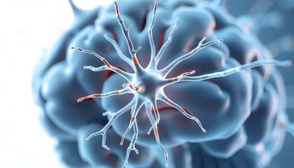 Human brain neuronal stimulation or activity with the close-up of a neuron cell 3D rendering illustration. Neuroscience, neurology, medicine, science, cognition, intelligence, psychology concepts is