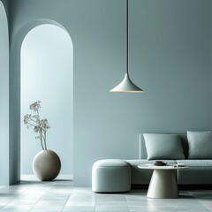 Minimalist living room with a light blue sofa, a round coffee table, and a plant in a vase, with a modern light fixture hanging from the ceiling.