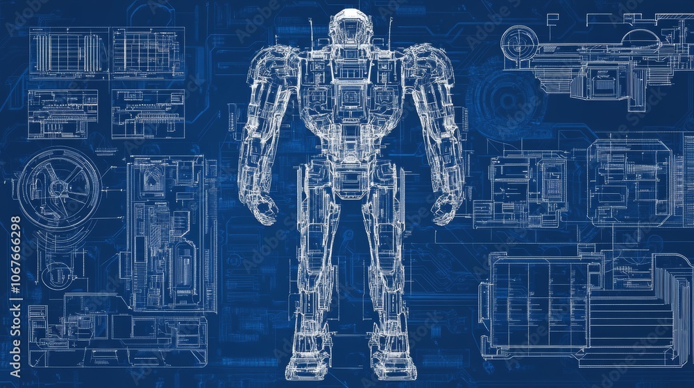 Aufkleber a technical blueprint featuring the detailed design of a humanoid robot, showcasing its complex mech