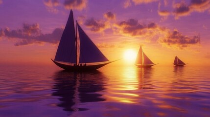 Serene Sailboats on a Vibrant Sunset Ocean