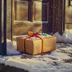 delivery box on a doorstep, wrapped with colorful ribbons, slightly weathered packaging, snow on the box and around, morning sunlight