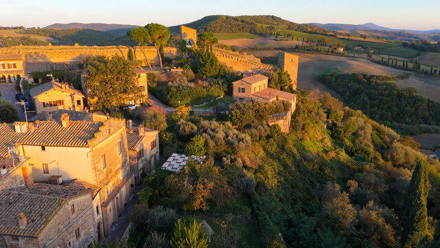 Monticchiello, Tuscany, Italy. Aerial drone view.
